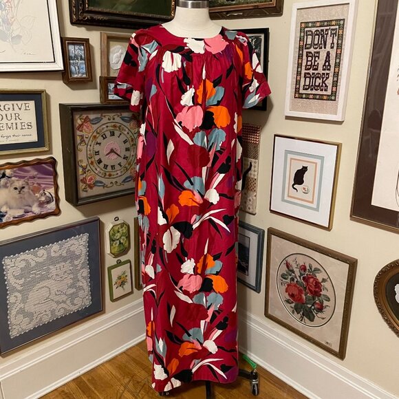Vintage Sears Red 100% Cotton Floral Short Sleeve Midi Dress with Pockets Size L - Picture 1 of 4